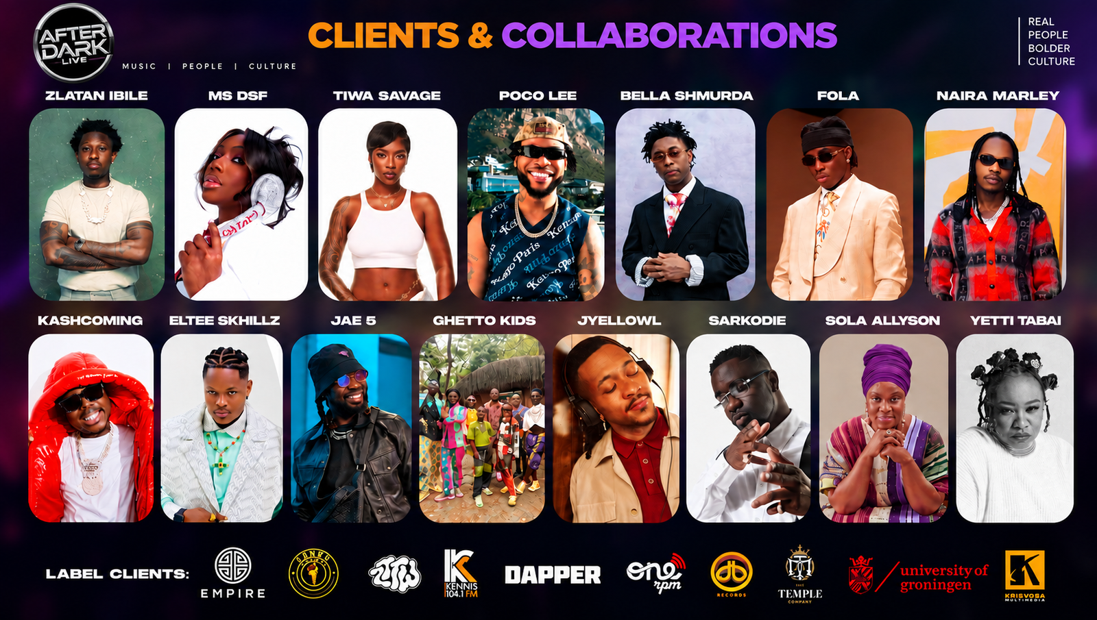 After Dark Live clients and collaborations showcase including artists and label clients