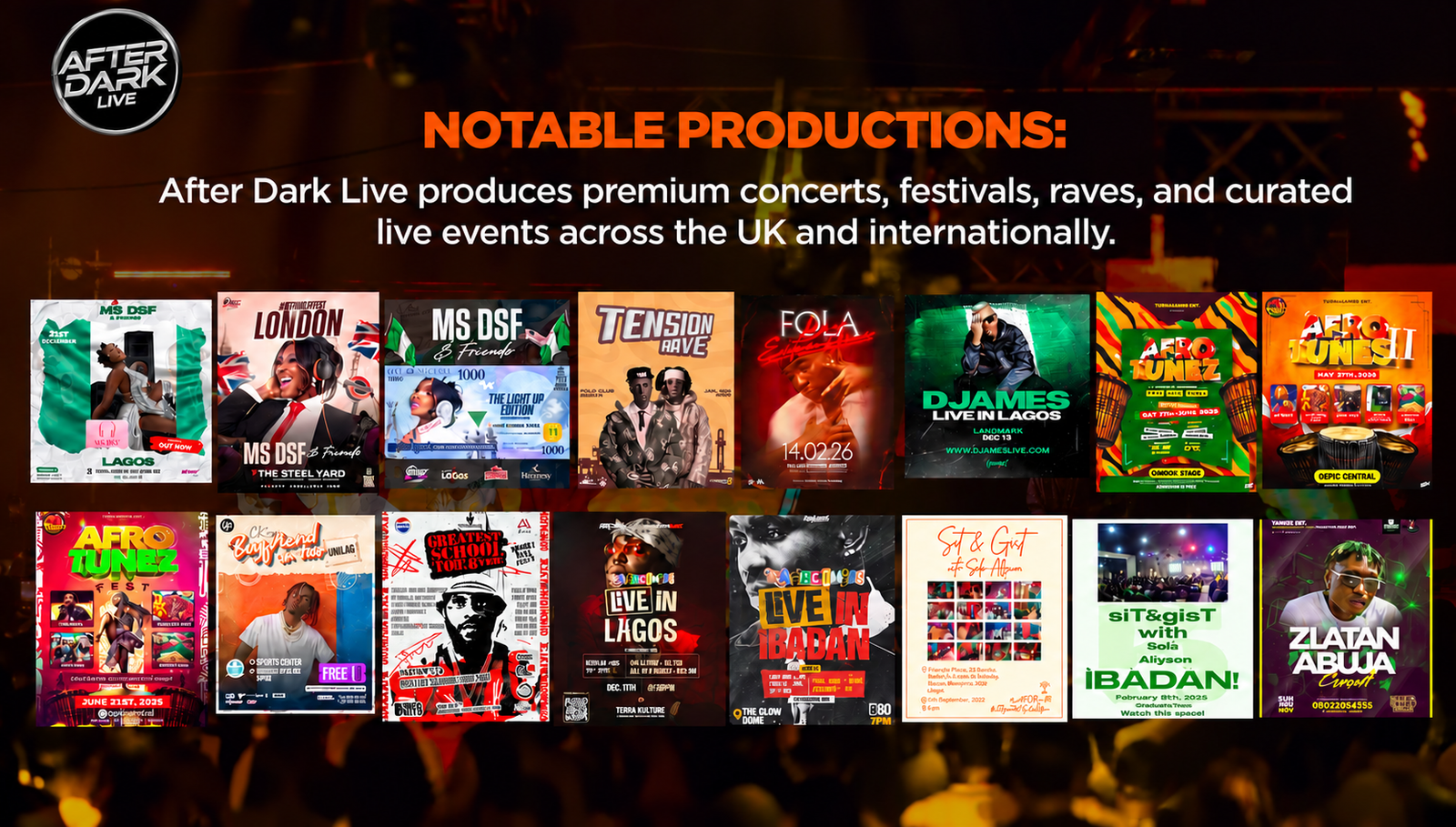 After Dark Live notable productions portfolio showing concerts, festivals, raves and live events